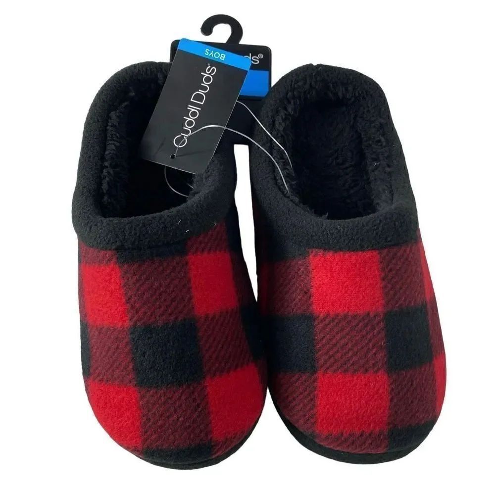Cuddl Duds BOYS MEDIUM (3-4) Fleece Clog Slippers IN RED PLAID